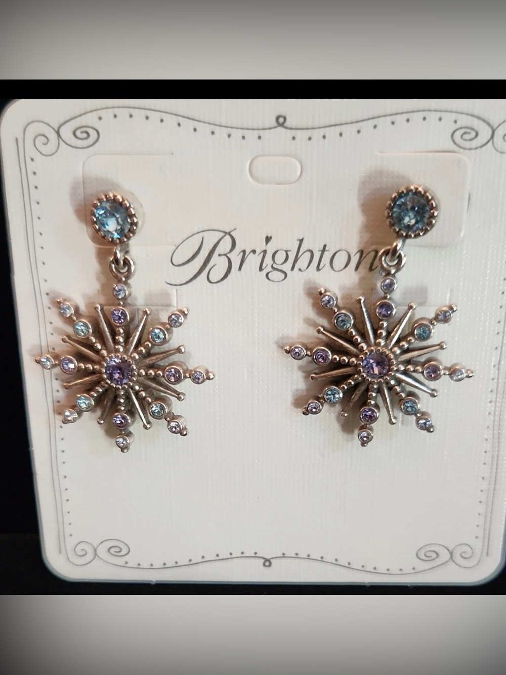 Halo Silver Starburst Drop Earrings with Purple and Light Blue Crystals